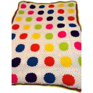 Handmade Crochet Granny Square Afghan Blanket Colorful Polka Dot Cozy Throw